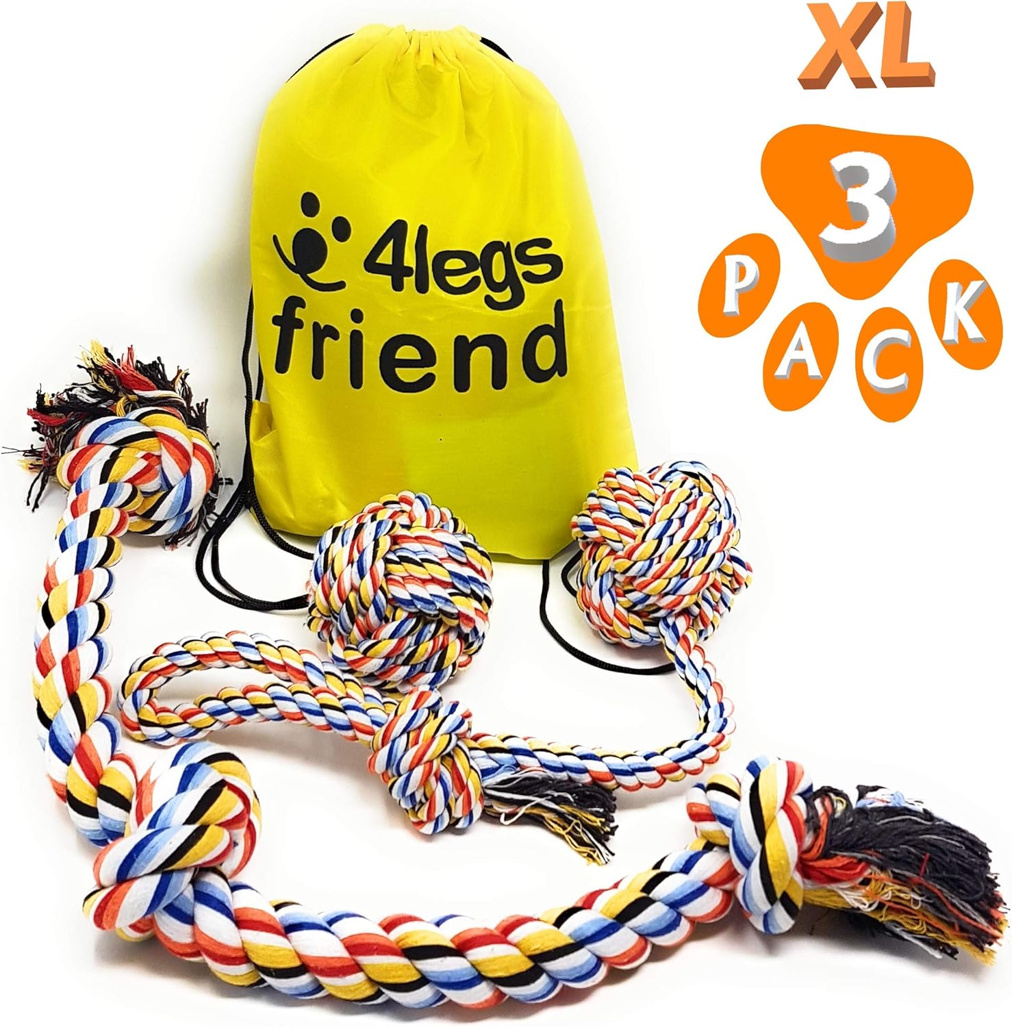 4LegsFriend Dog Rope Tug of War Toys for Aggressive Chewers - 3 Pack for Large and XL Dogs or Puppies Who Love to Play Rough. Strongest, Colorful Washable Cotton Tough Chewing Toys + Bag
