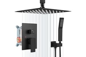 Aolemi Ceiling Mount Shower System Rain Shower Head with Handheld Spray High Pressure Shower Faucet Set Rough-in Valve Shower Trim Kit Included Bathroom Matte Black 12 Inch Ceiling Shower Head