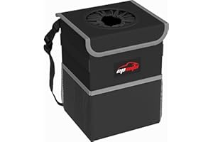 EPAuto Waterproof Car Trash Can with Lid and Storage Pockets, Black