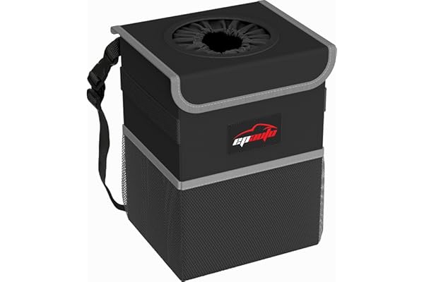 EPAuto Waterproof Car Trash Can with Lid and Storage Pockets, Black