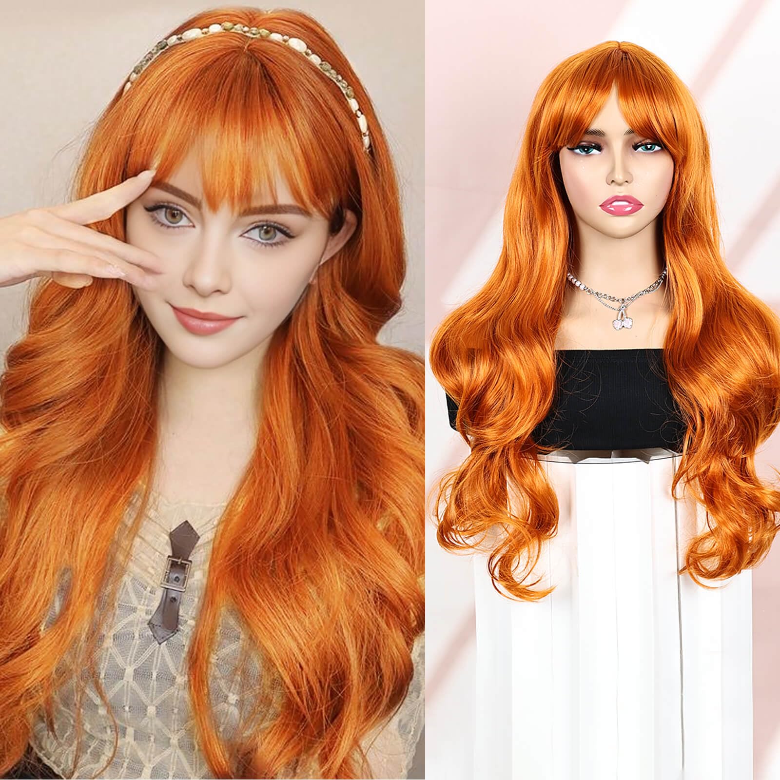 QUEENTAS 22In Ginger Wig - Long Synthetic Hair Wig with Bangs for Daily Use & Halloween Cosplay