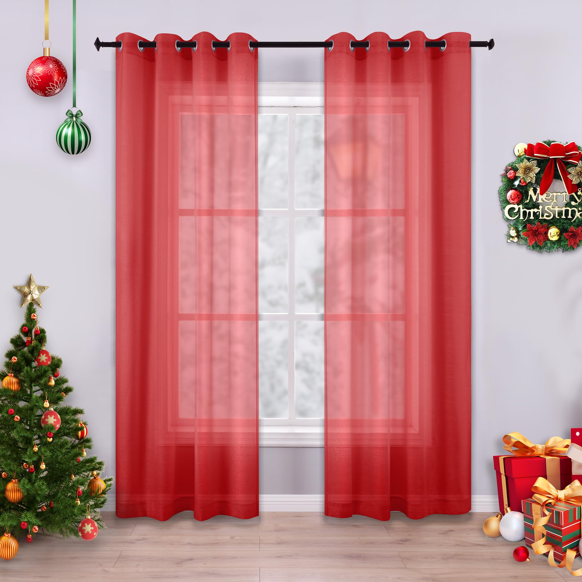KOUFALL Red Curtains 96 Inches Long for Living Room Set of 2 Panels Grommet Window Voile Semi Transparent Red Sheer Curtains Drapes for Bedroom 52x96 Inch Length