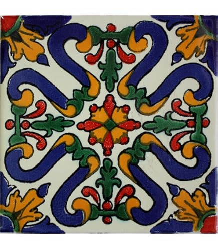 6x6 Inch Talavera Mexican Tile - Set Of 4 Comala Pattern Turquoise Flower Tiles (Handcrafted)