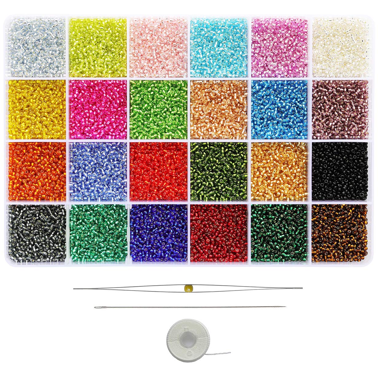 BALABEAD Size 2mm 12/0 Seed Beads About 24000pcs in Box 24 Multicolor Assortment Transparent Silver Lined Small Glass Seed Beads for Making Jewelry Necklace Bracelets Earrings Rings