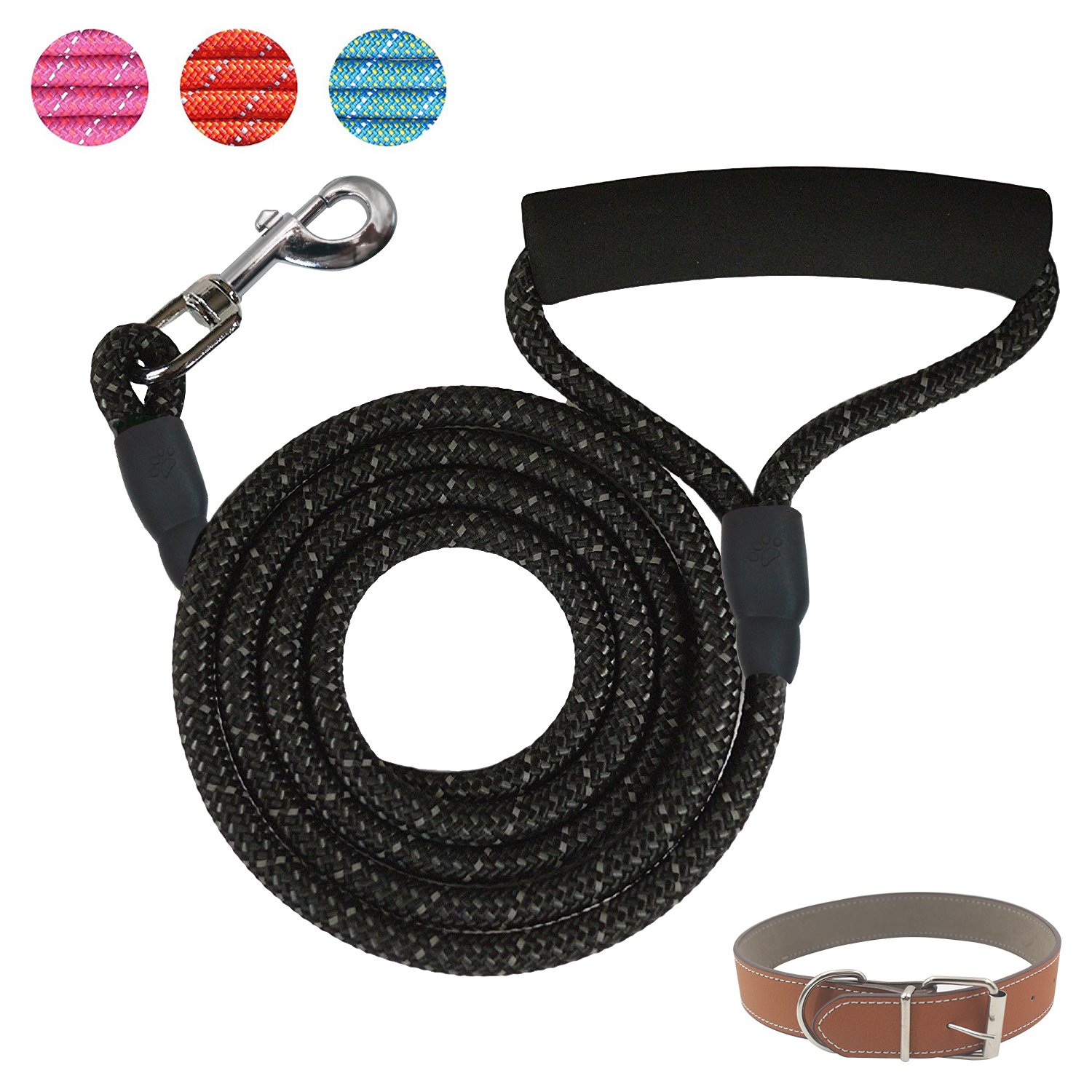 UNICOM Guinzaglio per Cani, Guinzaglio per Cani Da Passeggio e Addestramento, Per Cani Taglia Grande e Media Taglia, Strisce Riflettenti, con Collare per cani (1.8 M, Nero)