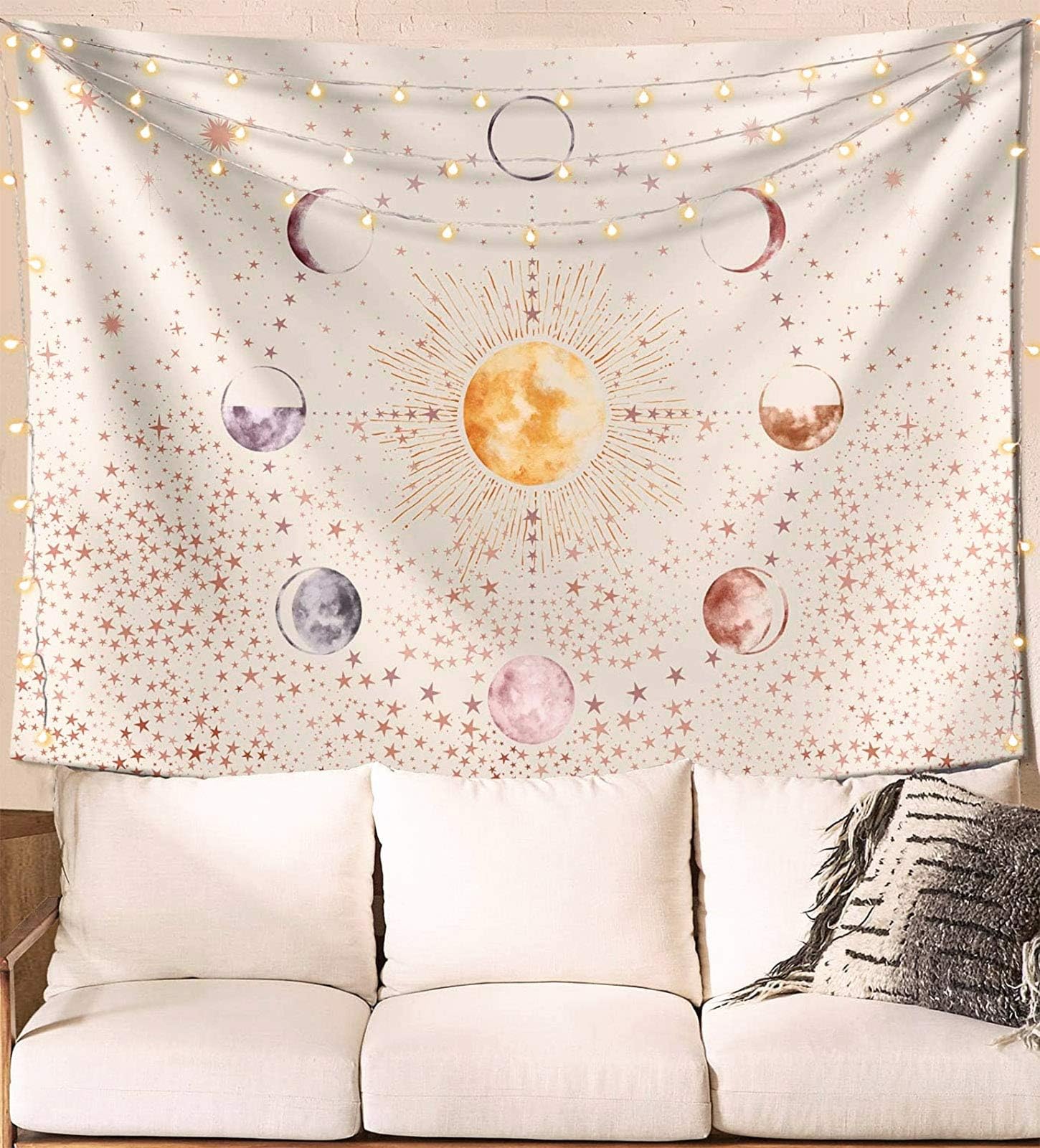 Neasow Sun and Moon Phase Tapestry Wall Hanging, Beige White Tapestry with Stars and Planet Universe Tapestry 60×80 inches