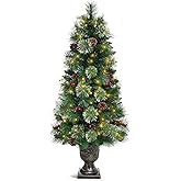 Decoway 4ft Christmas Tree Pre-lit Artificial Trees for Entrances with Gold Pot Base, Flocked Snow 70 Warm White Led Lights, for Entrance, Home Decorations Holiday Decor