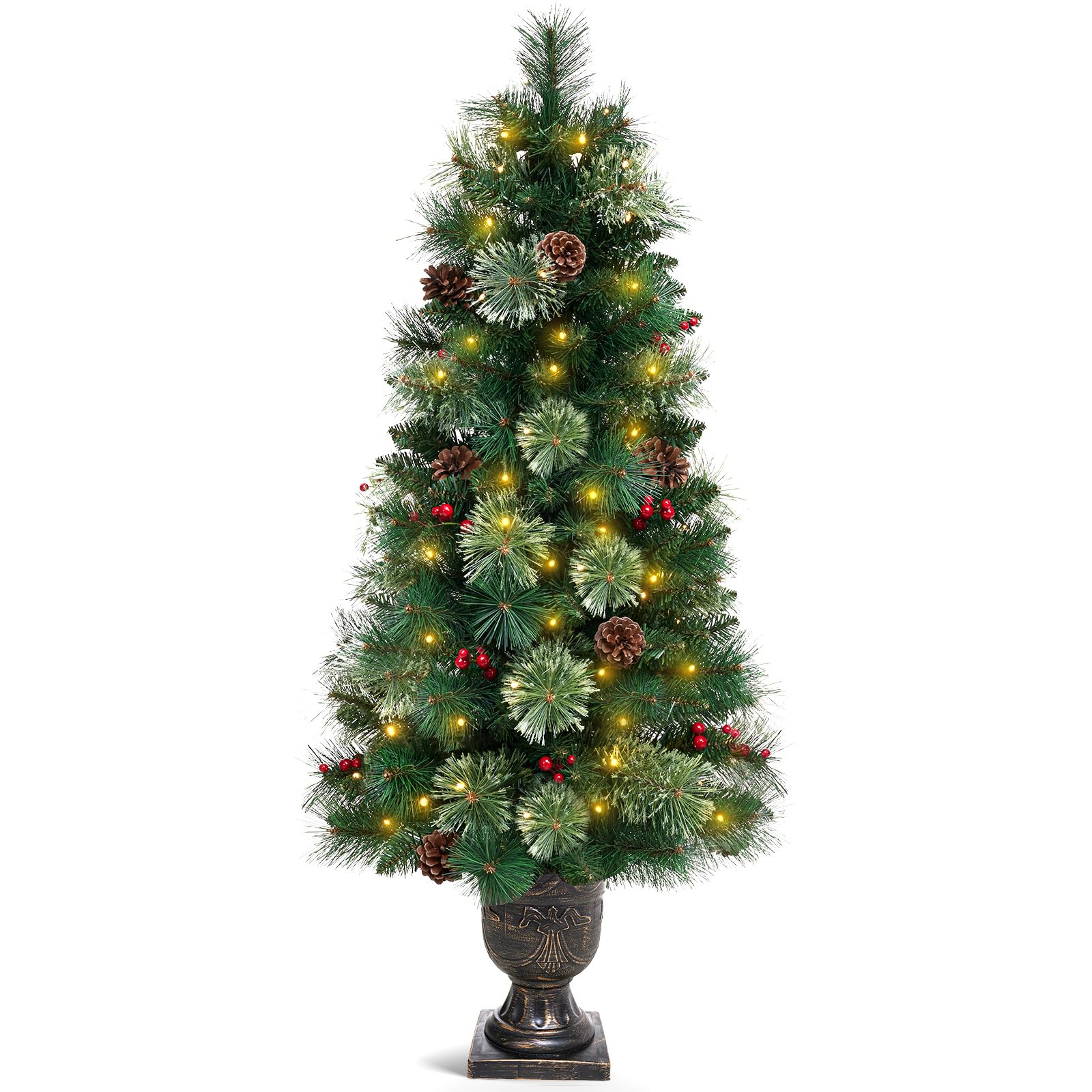 Photo 1 of Decoway 4ft Christmas Tree Pre-lit Artificial Tree for Entrances and Christmas with Gold Pot Base, Flocked Snow 70 Warm White Led Lights, for Entrances, Home Decorations Holiday Decor