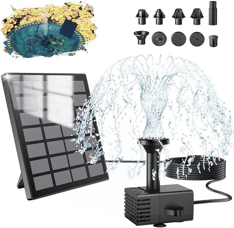 SZMP Solar Fountain Kit 2026 Glass Panel 10 Nozzles 9.84ft Cord Garden Pond