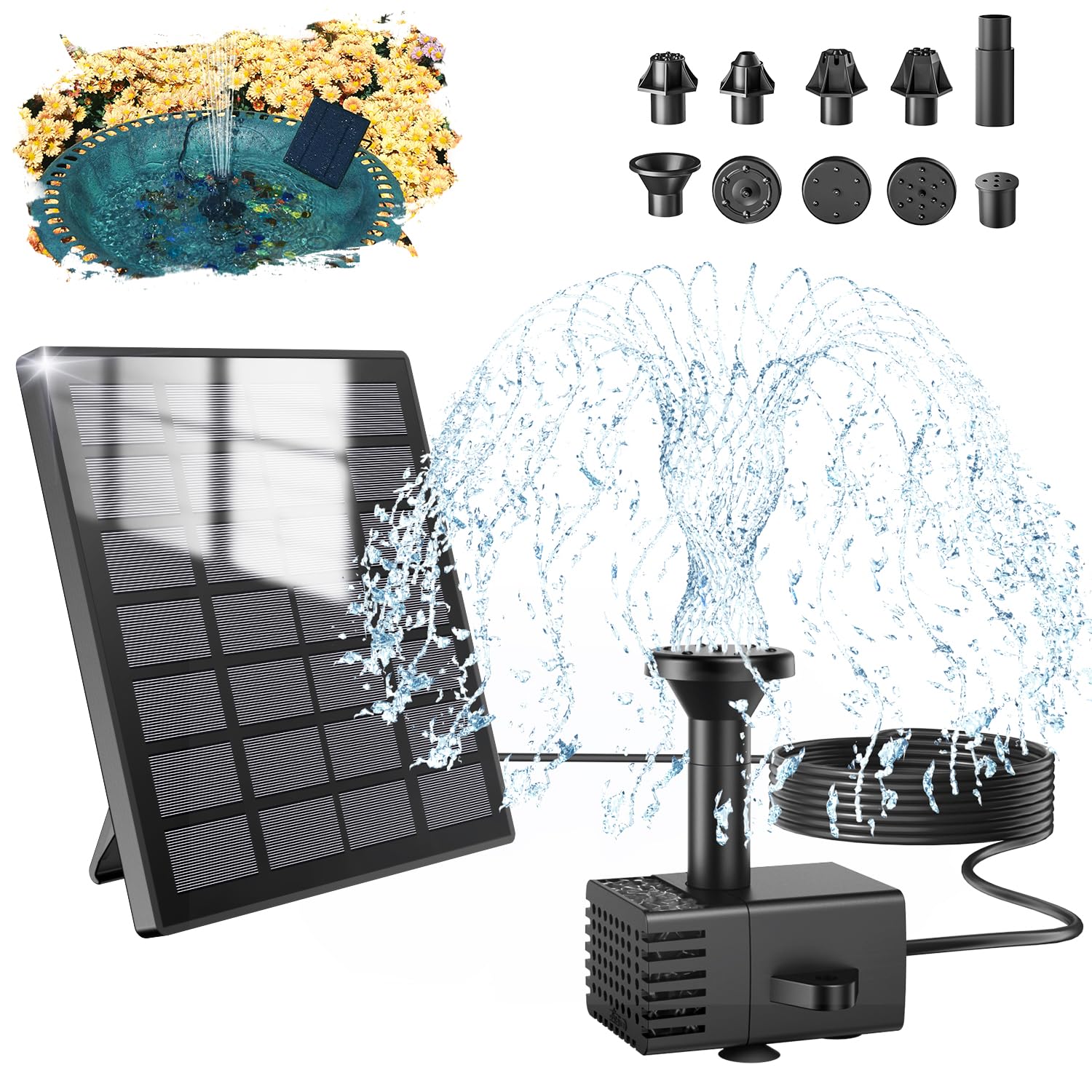 Photo 1 of SZMP Solar Fountain Upgraded DIY Bird Bath Fountains, 1.8W Glass Panel Solar Fountain Pump with 8 Nozzles & 9.84ft Power Cord, Grass, Stakes, Garden, Pond (Black)