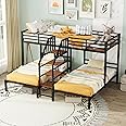 Bellemave 3 Kids Triple Bunk Bed with Stairs, Twin Over Twin, Heavy Duty with Storage, Black