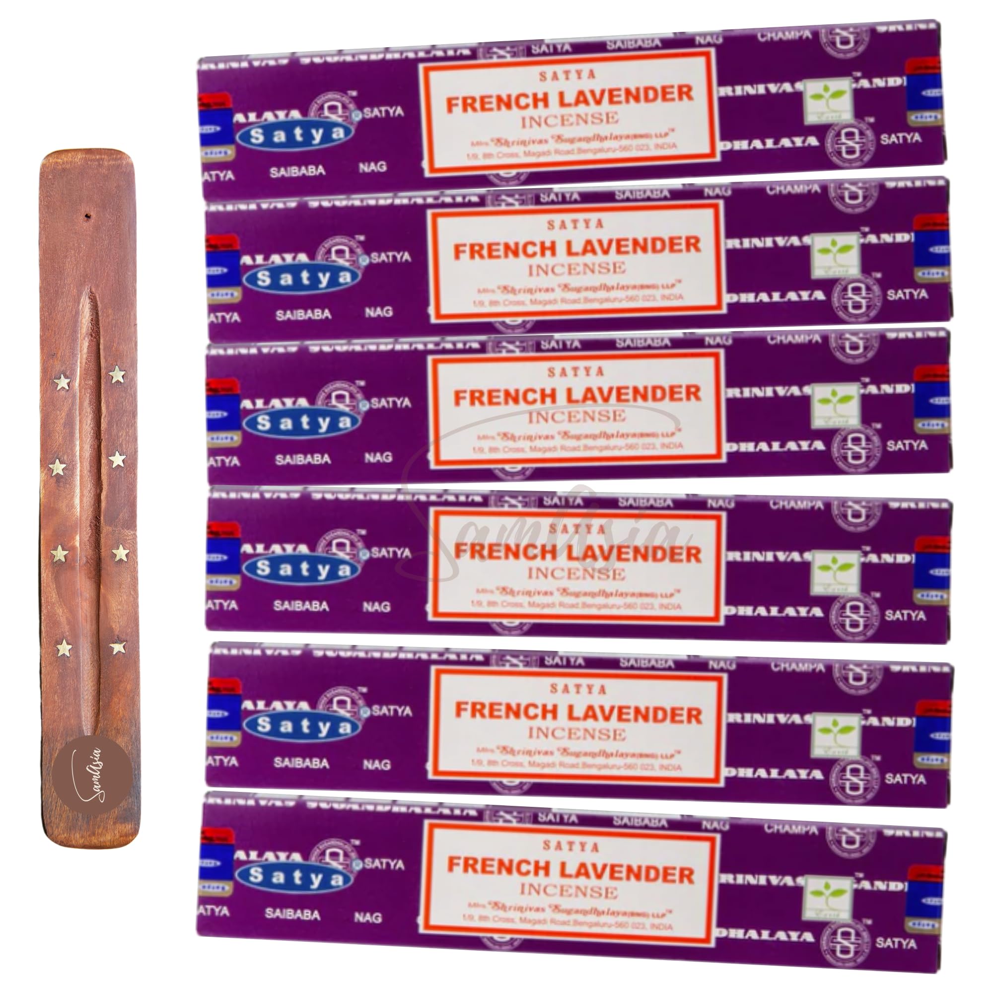Satya Nag Champa French Lavender Incense Sticks | x6 pack | with SAMASIA incense sticks holder | Used for Aromatherapy, Spa, Yoga, Weddings, Meditation, Healing, Positivity and Relaxation