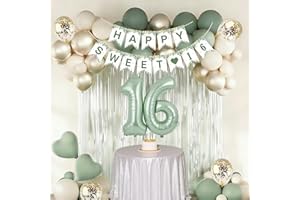 Wiletasz Sweet 16th Birthday Decorations for Girls, 72pcs Sage Green Gold Balloons with Sweet 16 Banner 16 Balloon Number Fri