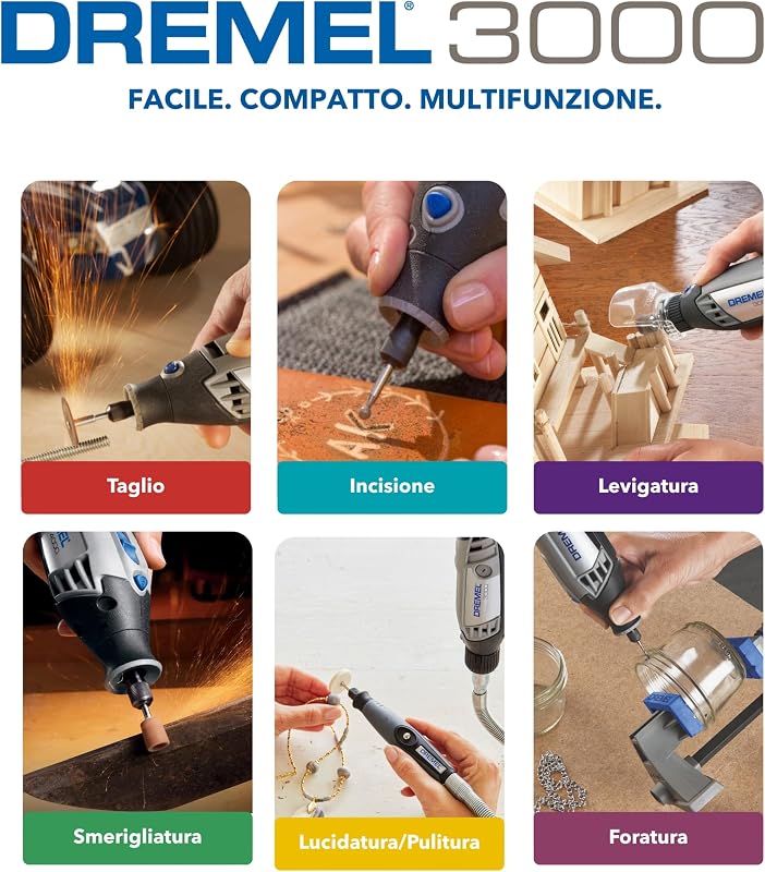 3000 Utensile Multifunzione Rotativo, 1 Complemento, 25 Accessori per Intagliare, Incidere, Fresare, Tagliare, Levigare, Smerigliare, Lucidare e Pulire, 130 W, 230 V, Nero/Grigio