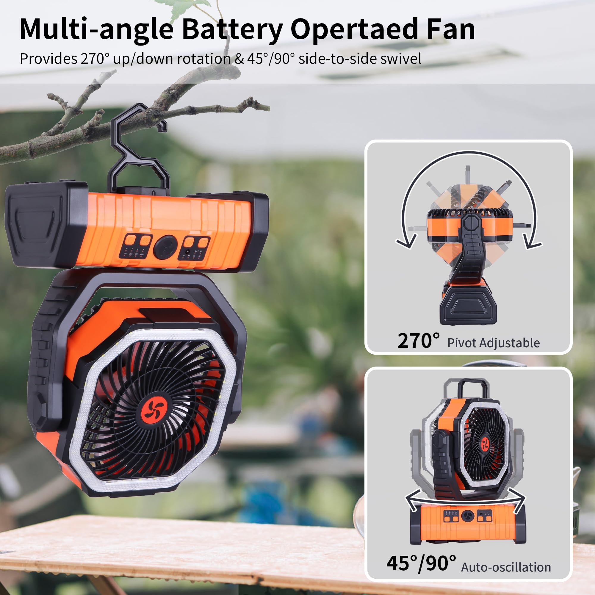 TDLOL 20000mAh Camping Fan Battery Operated,Portable Rechargeable Battery Powered Fan with LED Light,360°Oscillating & 8H Timer Portable Camping UEssentials Fans with Hook