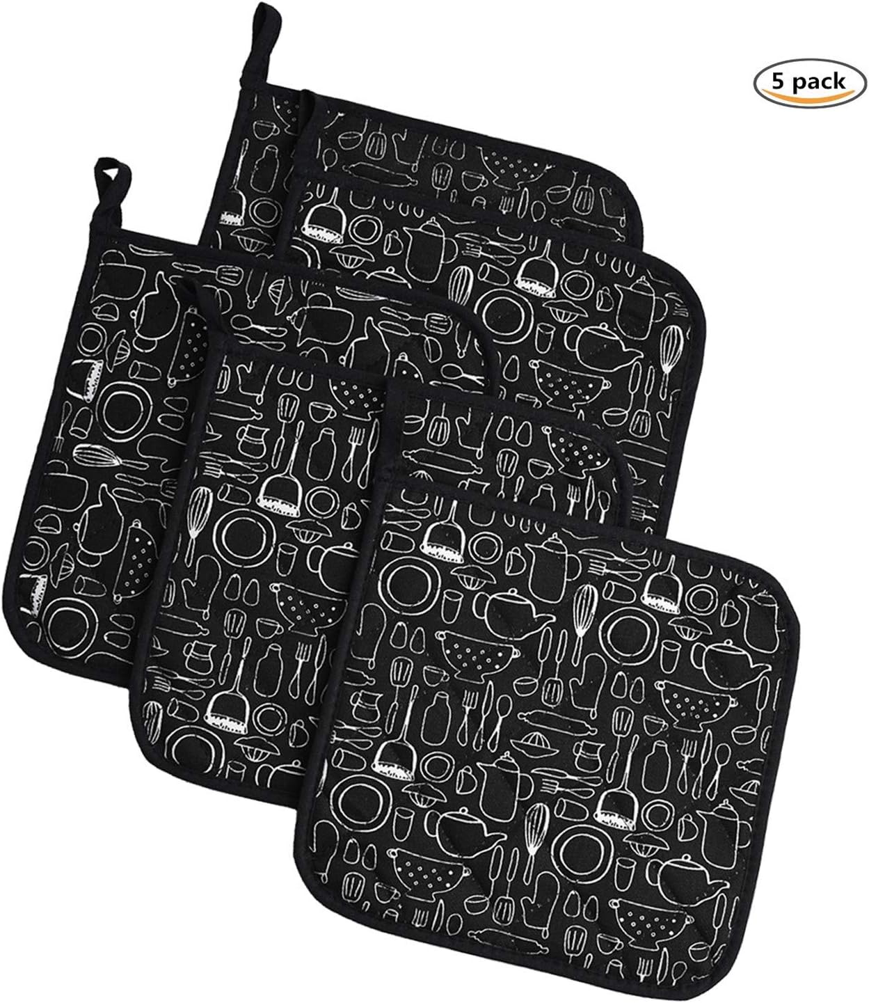 Jennice House Potholders Trivets Kitchen Heat Resistant Cotton Coasters Hot Pads Pot Holders Set of 5 for Everyday Cooking and Baking by 8 x 8Inch (Black): Home & Kitchen