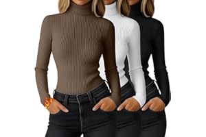 Ficerd 3 Pack Women's Ribbed Thermal Turtleneck Tops Long Sleeve Stretch Shirts Knitted Fitted Lightweight Base Layer