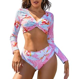 Long Sleeve Swimsuit Women Rashguard Swimsuit for Women Two Piece Rash Guard Crop Swim Tops