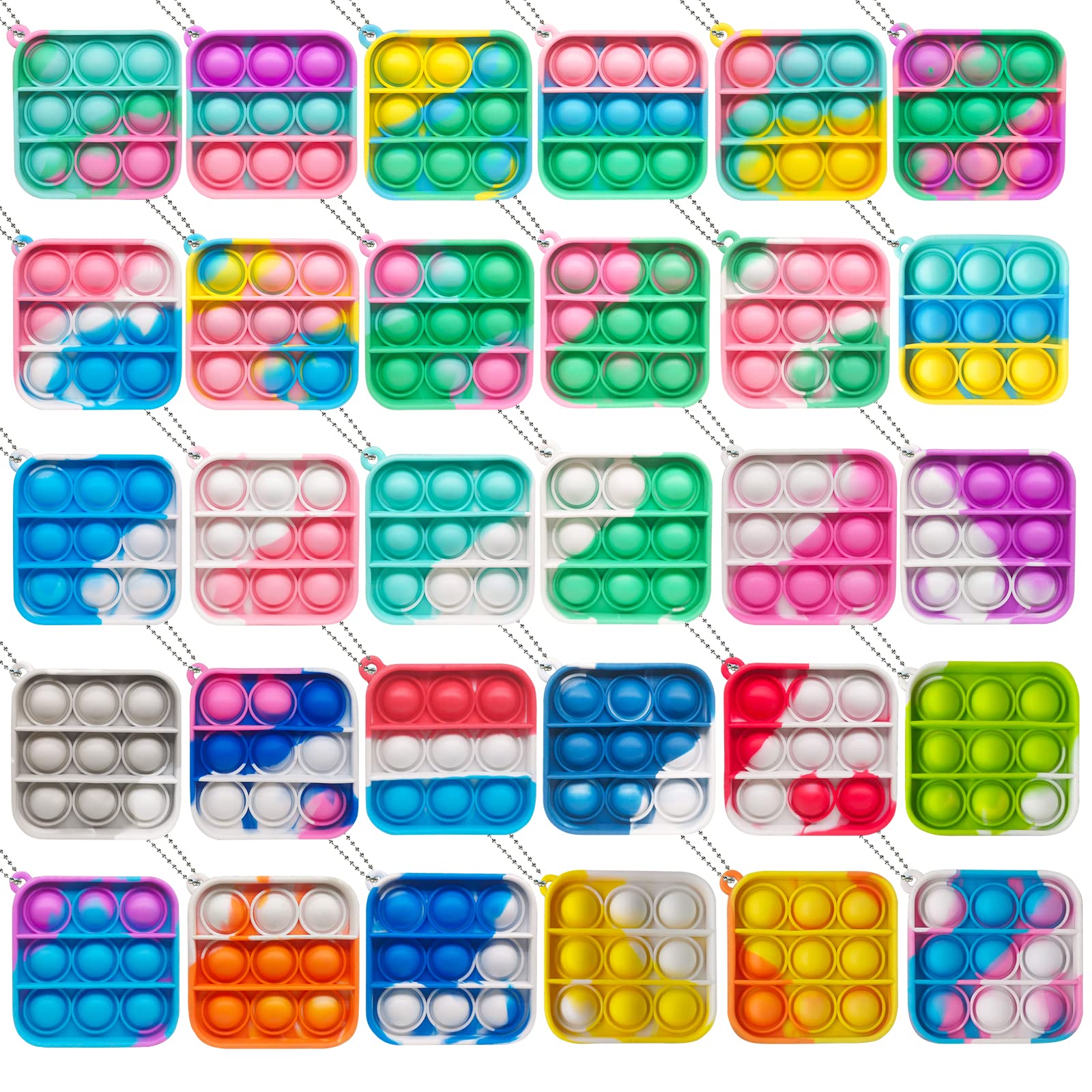 Hirsrian 30 Pcs Mini Pop Fidget Toys Poppet Keyring Pack Silicone Squeeze Keychain Toys Stress Relief Bubbles Sensory Toys for Party Bag Fillers and Students Class Gifts (WJ133)
