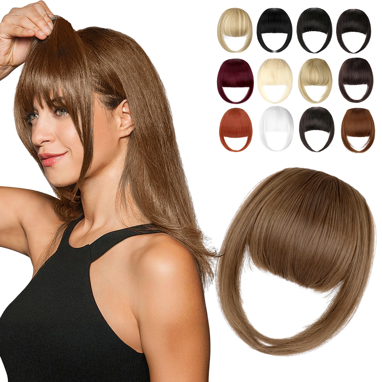 Photo 1 of Cephermer Clip in Bangs, Synthetic French Bangs Hair Clip, Fake Bangs Fringe with Temples Hairpieces for Women Natural Curved Hair Extensions for Daily Wear Light Chestnut Brown