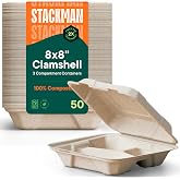 100% Compostable Clamshell Take Out Food Containers [8X8" 3-Compartment 50-Pack] Heavy-Duty Quality to go Containers, Natural Disposable Bagasse, Eco-Friendly Biodegradable Made of Sugar Cane Fibers