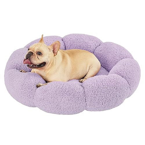 Lesure Calming Medium Dog Bed - Flower Donut Round Fluffy Puppy Bed in Plush Teddy Sherpa, Non-Slip Cute Flower Cat Beds for Indoor Cats, Medium Pet Bed Fits up to 45 lbs, Machine Washable, Purple 30"