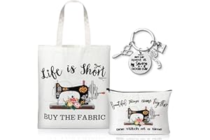 CJiangpo 3Pcs Sewing Tote Bag Canvas Bag with Keychain, Funny Quilting Gifts for Seamstress Women Mom, Sewing Cosmetic Bag Organizer Makeup Pouch Mother's Day Birthday Gift