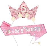 Atoden 5 Year Old Birthday Headband and Sash Happy 5th Birthday Decorations for Girl Glitter Flower Princess Crown Tiara with Pink Bow Party Costume Outfit Gifts