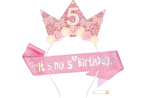 Atoden 5 Year Old Birthday Headband and Sash Happy 5th Birthday Decorations for Girl Glitter Flower Princess Crown Tiara with Pink Bow Party Costume Outfit Gifts