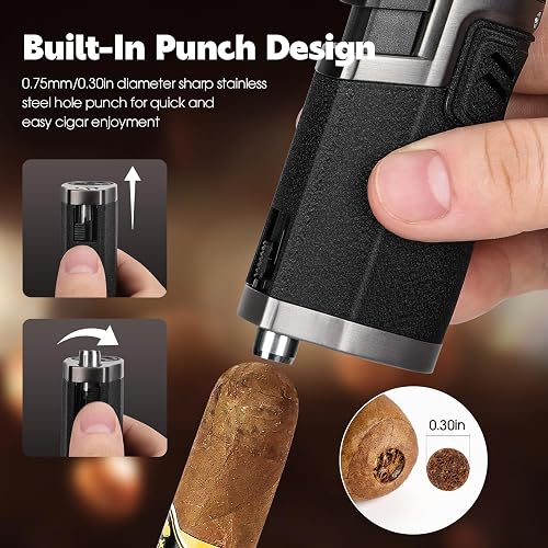 Cigar Lighter, 4 Jet Flame Torch Lighter, Refillable Butane Lighter With Cigar Cutter V Cut Cigar Punch Cigar Holder Cigar Draw Enhancer, Great Cigar Accessories Cool Lighters For Smoking In Gift