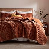 LEAONME Velvet Quilt California King Size 118''x106'', Lightweight Burnt Orange Velvet Comforter Set with 2 Matching Shams, Soft Cross Stitch Bedspread, Oversized King Quilt Set for All Season