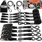 HORUSDY Ratchet Straps Heavy Duty, Tie Down Straps Ratchet Set, 2200 LB Break Strength, Safety Lock S Hooks, Best for Moving, Securing Cargo, Kayaks, Mountain (4 Pack,Black)