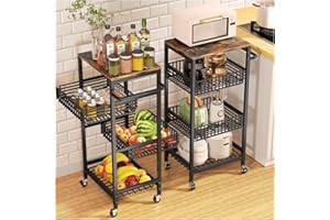 CAKTRAIE 4Tier Roling Cart, Utility Cart, Storage Cart, Kitchen Carts on Wheels with Wood Top, Pull-Out Wire Basket for Fruit, Black
