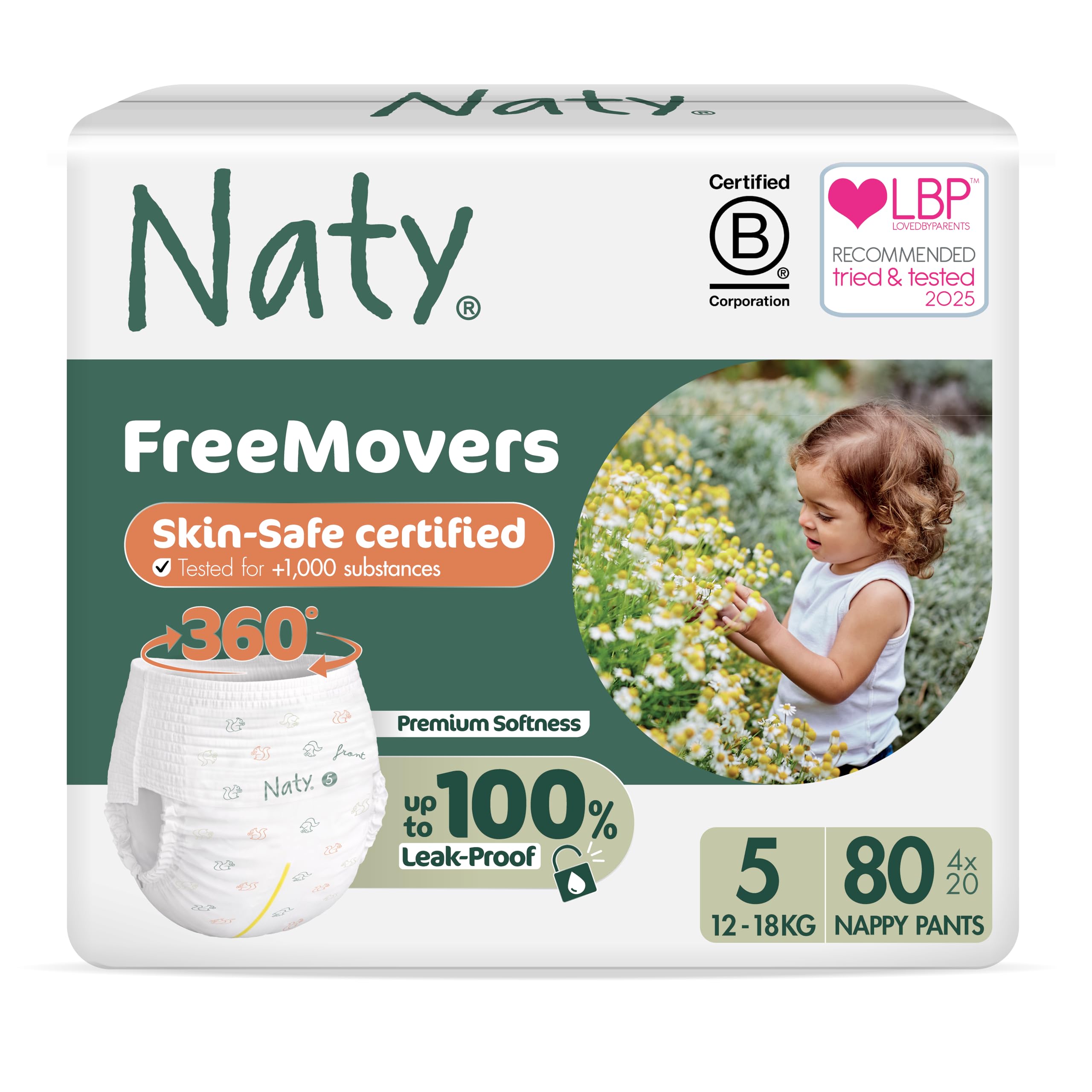 Naty FreeMovers Nappy Pants -Sensitive Skin, Potty Training Pants -Soft, Fragrance Free, Absorbent & Leak-Proof, Unisex Baby & Toddler, Size 5 (12–18 kg), 80 Count
