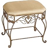 Touch of Class Aldabella Traditional Upholstered Vanity Bench | Satin Gold | Cushion is Polyester | Made of Metal | Painted b