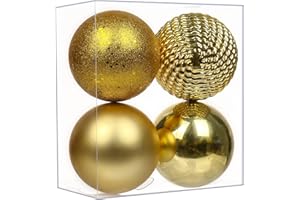 GnFlus Large Christmas Hanging Ornaments, 4.7" Shiny, Matte, Glitter, Drenched Gold Plastic Christmas Ornaments, 4 Pcs Set