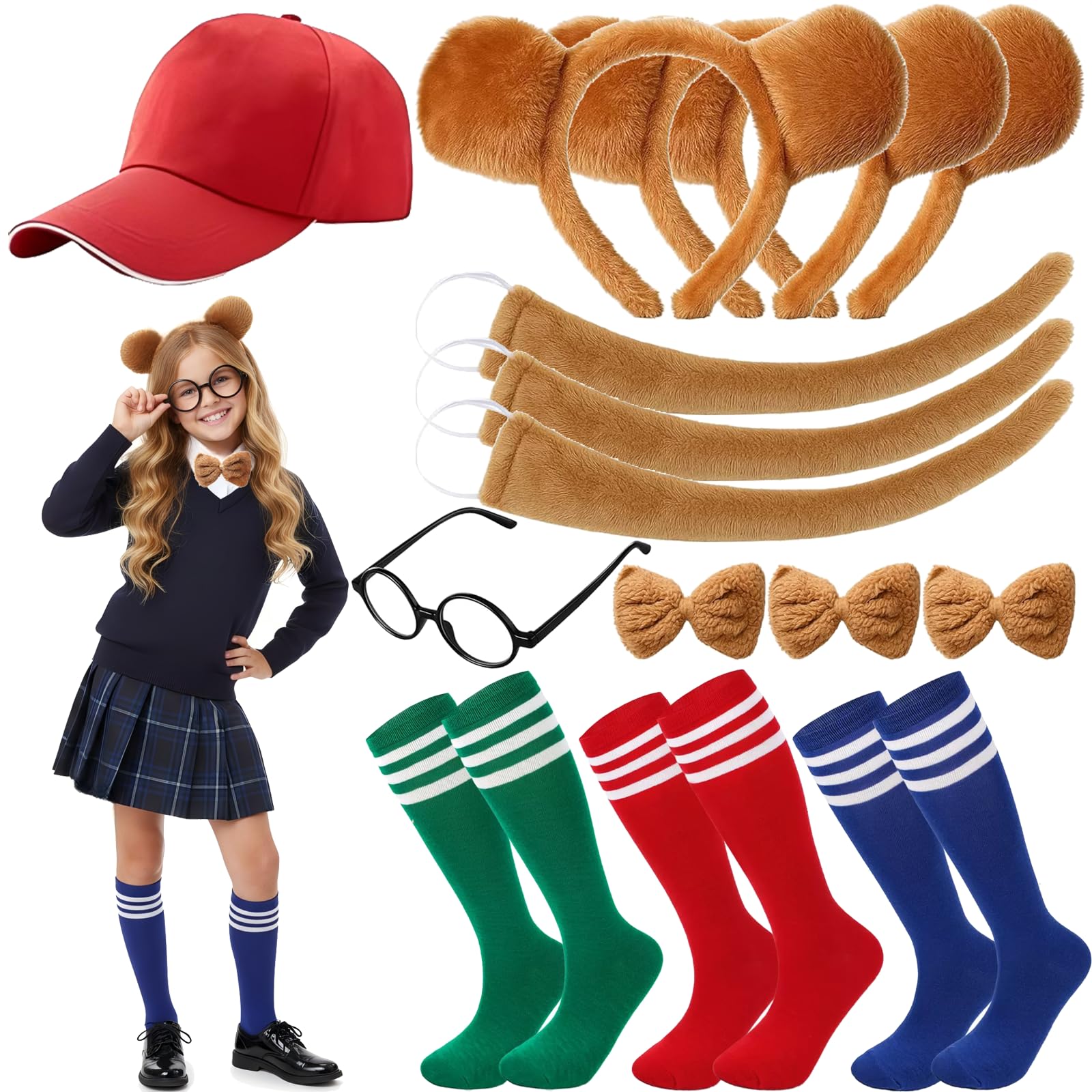 Gibocot 14 Pcs Kids Chipmunk Costume Set with Ears Headband Bowtie Tail Striped Knee Socks Red Hat Black-framed Glasses, Chipmunks Fancy Dress Outfit Accessories for 4-9y Girls World Book Day
