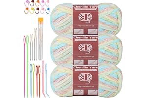 LUNARM 3 * 100g Chenille Yarn, Yarn for Crocheting Knitting with Big Eye Needles, Handcrafts Weaving Soft Chenille Yarn for Blankets Clothes Pattern Knitting Creations (Yellow Green Pink Gradient)