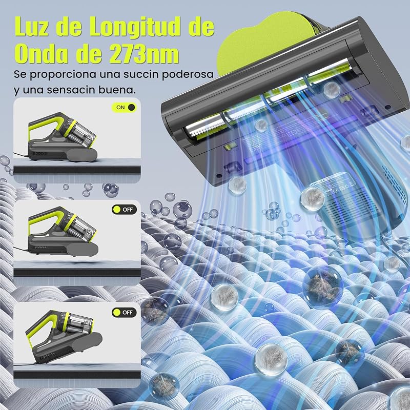 HYCHIKA Aspirador Anti-ácaro para Colchões - Aspirador de 16 kPa, ultrassónico, Aspirador para alérgicos, Duplo Tornado, Elimina 99,9%, Ar Quente a 60° para Camas, sofás, tapetes