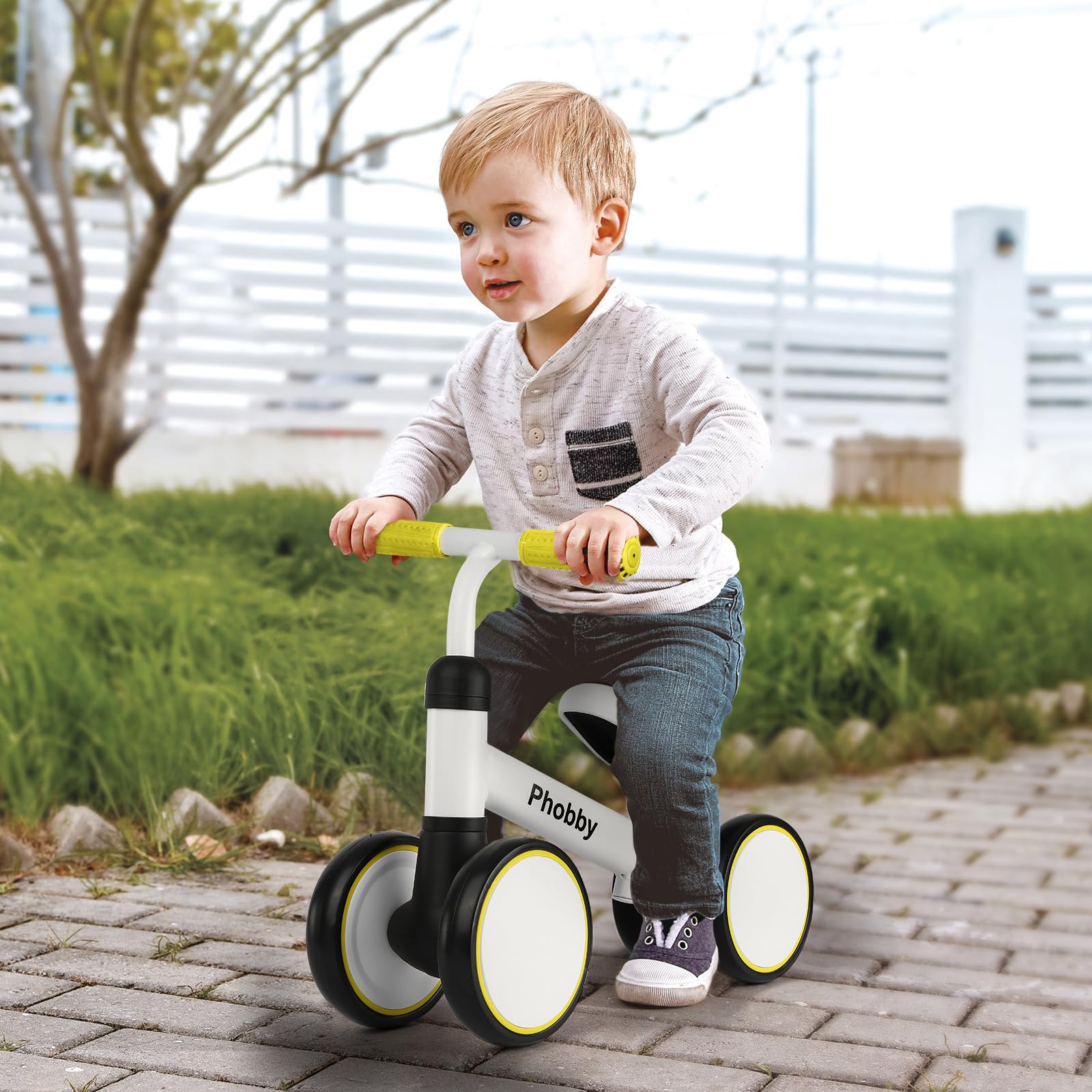 Baby Balance Bike for 1 2 3 Years Old Boys Girls, 4 Wheels Toddler Bike with Adjustable Seat, 12-36 Months Kids First Birthday Toy Gift