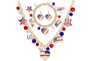 boderier 4th of July Jewelry Set American Flag Charm Choker Necklace Bracelets Heart Dangle Earrings Patriotic Jewelry for Women Memorial Independence Day Gifts