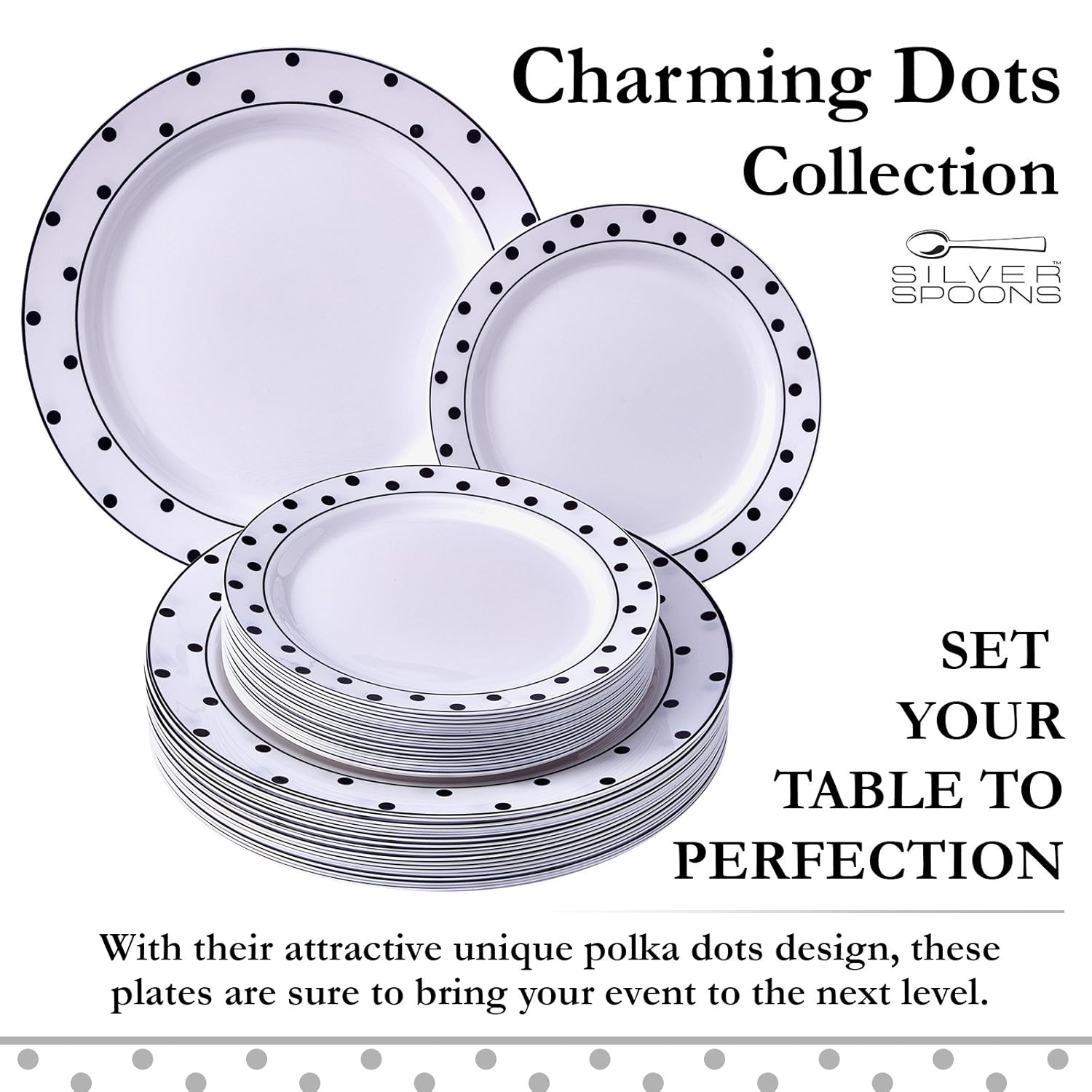 海外輸入 ファンシーパーティープレートセット 240 Pc食器セット 1 Dinner Plates And 1 Dessert Plates プレミアムプラスチックdishes エレガントfine China Look For高級ウェディングとダイニング Dots シルバー ホワイト 10 25 ブラック B079tgkp9n