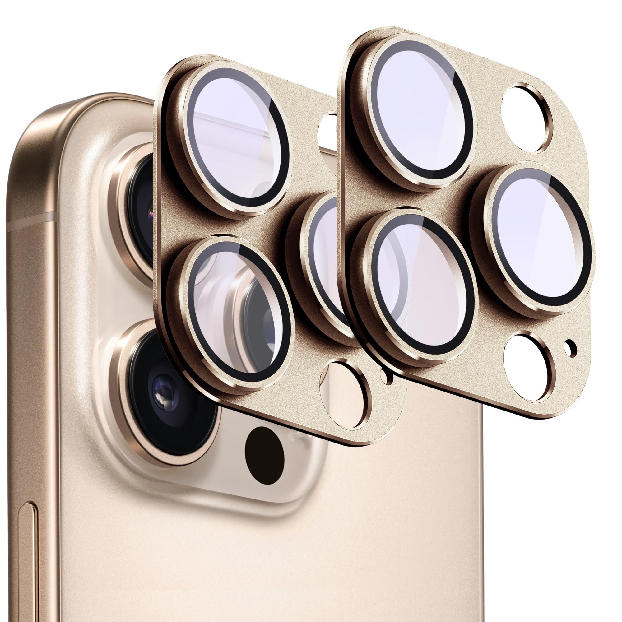 YIMGEAR 2 Pack Camera Lens Protector for iPhone 16 Pro / 16 Pro Max [ Drop Protection ] AR Tempered Glass Strong Adsorption Metal Camera Cover Screen | Desert Gold Finish