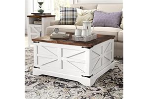 oneinmil Modern Farmhouse Coffee Table, Square Wood Center Table with Large Storage Space, Metal Corners, Z Shape, White