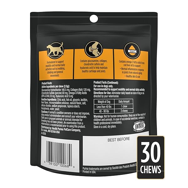 PURINA PRO PLAN VETERINARY SMALL BREED DOG JOINT CARE SUPPLEMENT WITH GLUCOSAMINE, CHONDROITIN, AND COLLAGEN TO SUPPORT HIP AND JOINT HEALTH – 30CT POUCH
