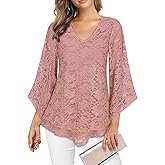 Viracy Womens Dressy Blouse V Neck Double Layers Elastic Mesh Casual Flowy Work Shirts Ruffle 3/4 Flared Sleeve Tunic Tops