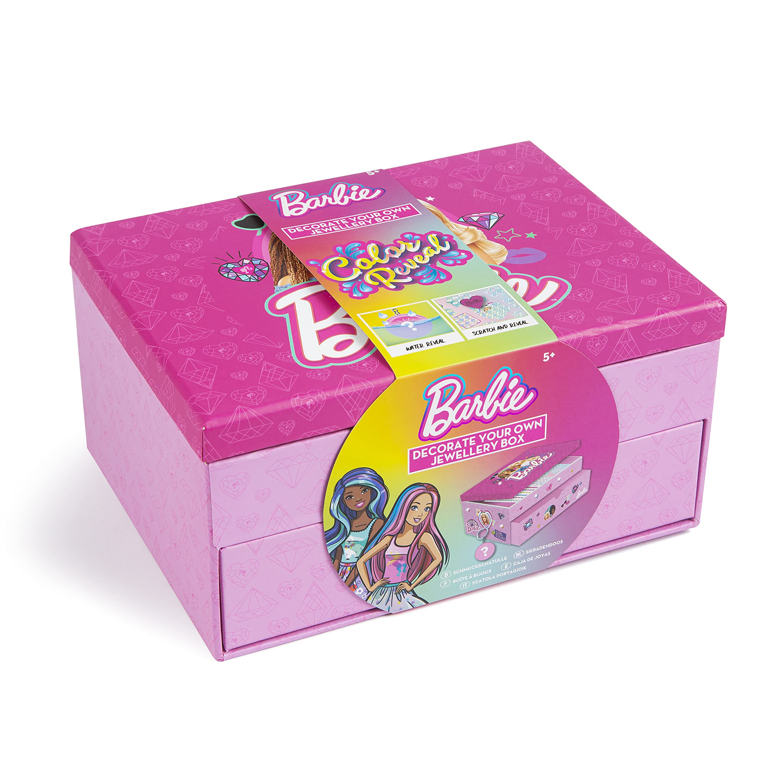 Barbie Colour Reveal Jewellery Box | DIY Storage Case for Girls | Decorate with Stickers, Gemstones & Scratch Art | Keepsake Box for Accessories & Toys