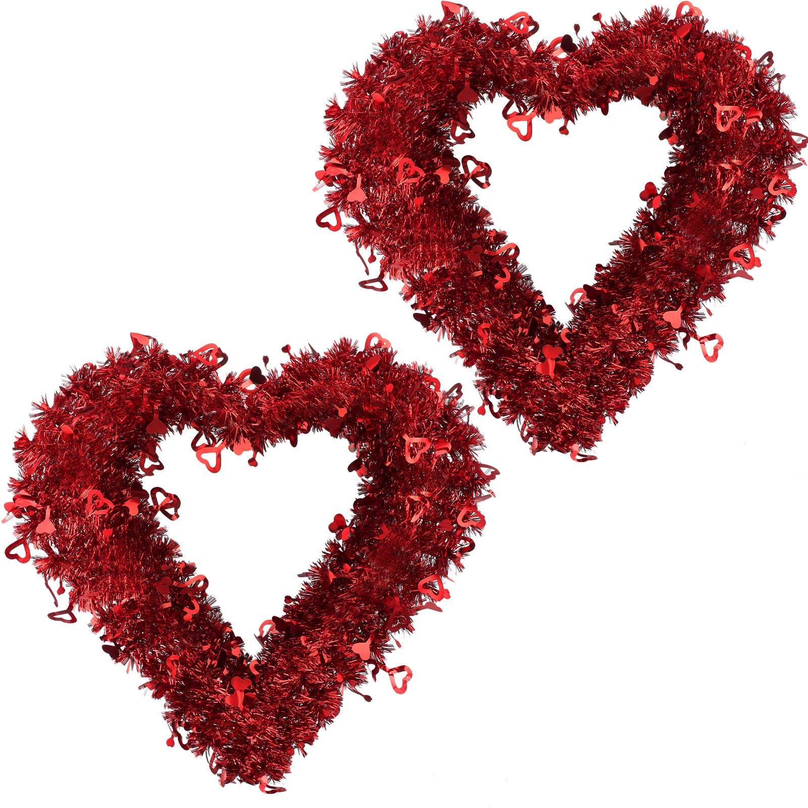16 Inch Valentine Wreaths for Front Door Decor Red Tinsel Heart Shaped Wreaths with Foil Heart Love Garland Wall Hanging Sign for Valentine Wedding Party Window Mantel Decoration(2 Pcs)