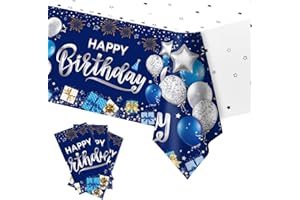 DUAIAI Happy Birthday Decorations, 3 Pcs Navy Blue and Silver Birthday Tablecloth for Boys Girls Men Women, Plastic Disposable Rectangle Table Cover for Birthday Party Supplies- 54" x 108"