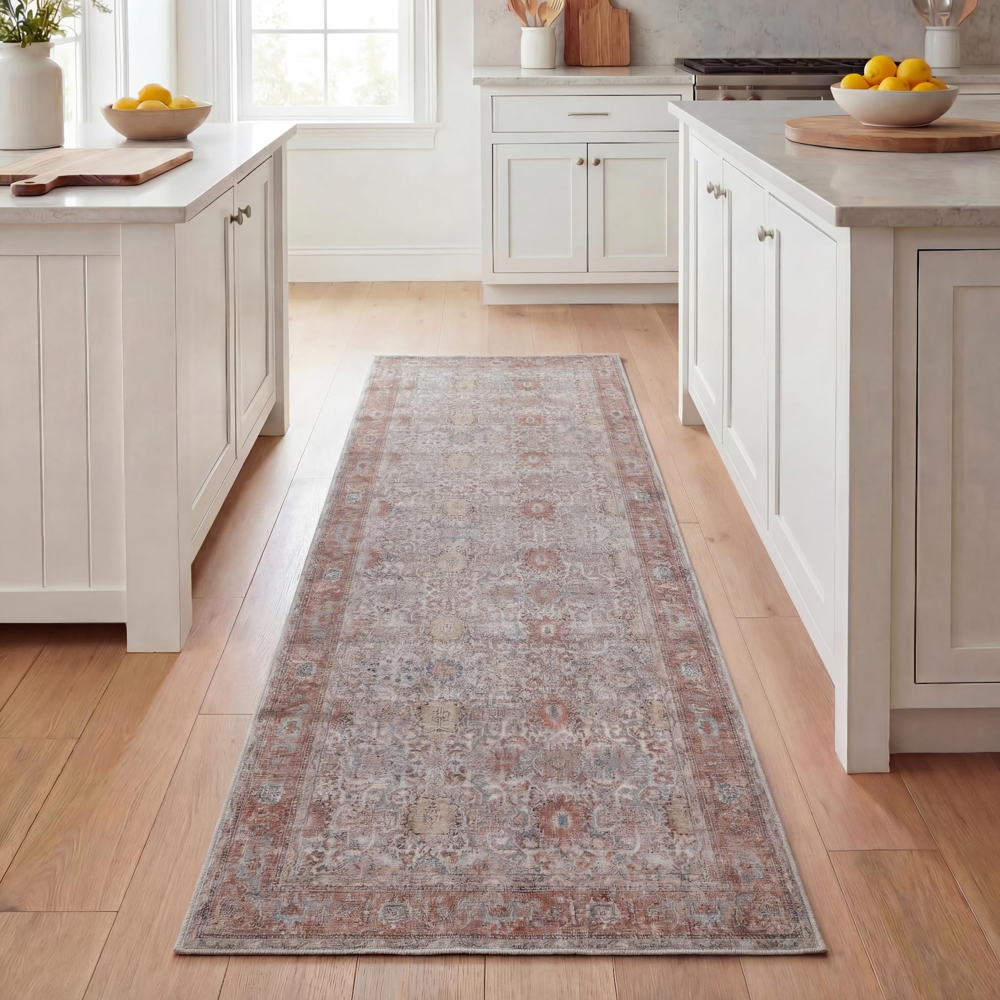 Kuden 2'6"x7' Runner Rug, Machine Washable Area Rug with Non-Slip Backing, Vintage Style, Soft, Easy Clean, Low Pile Rug for Hallway, Entryway, Kitchen, Bedroom
